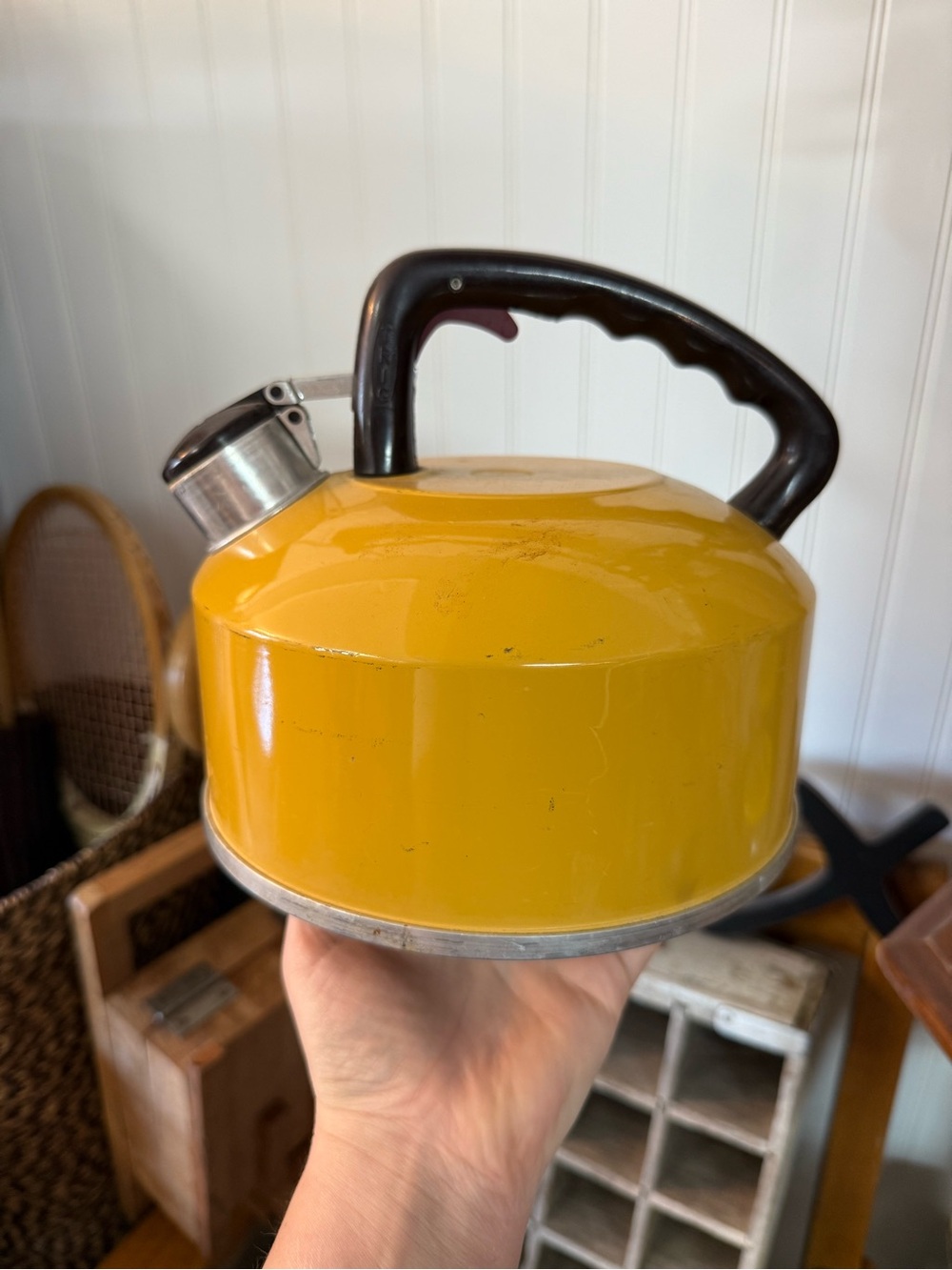 Vintage Yellow Enamel Whistling Kettle with Black Handle